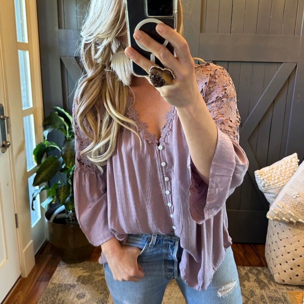 New Boho Lilac Purple Lace Festival Button Front Blouse Top Shirt
